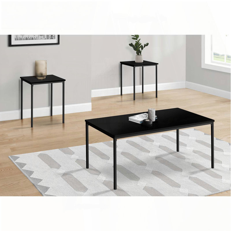 Ensemble de tables basses 3 pièces avec stratifié noir et structure en métal noir, Noir, Bois