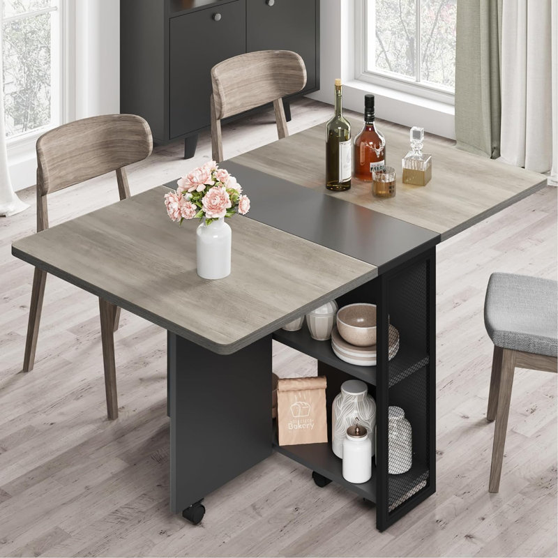 Space Saving Folding Dining Table With 2 Tier Storage-Extendable Drop Leaf Farmhouse Kitchen Dining Room Tables For 4, Collapsible Expandable Rectangle
