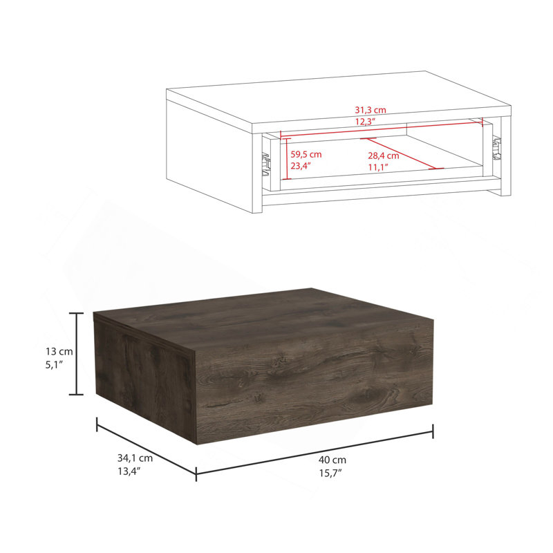 Milano Floating Nightstand , End Table, Side Table Wall-Mounted With Drawer- Dark Brown -Bedroom, Particle Board, Brown