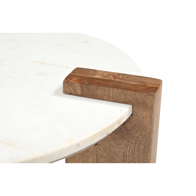 Marble Round Geometric Side End Accent Table With Brown Wooden Block Legs