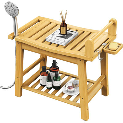 Bamboo Shower Benches for Inside Shower, Waterproof Shower Chair | Bathroom Chair with Storage Shelf & Showerhead Holder,Natural