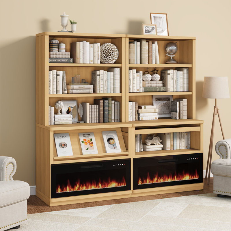 Bibliothèque standard avec foyer électrique et tablette à 5 niveaux H 71 "x l 37" Brusnice, Bois chêne