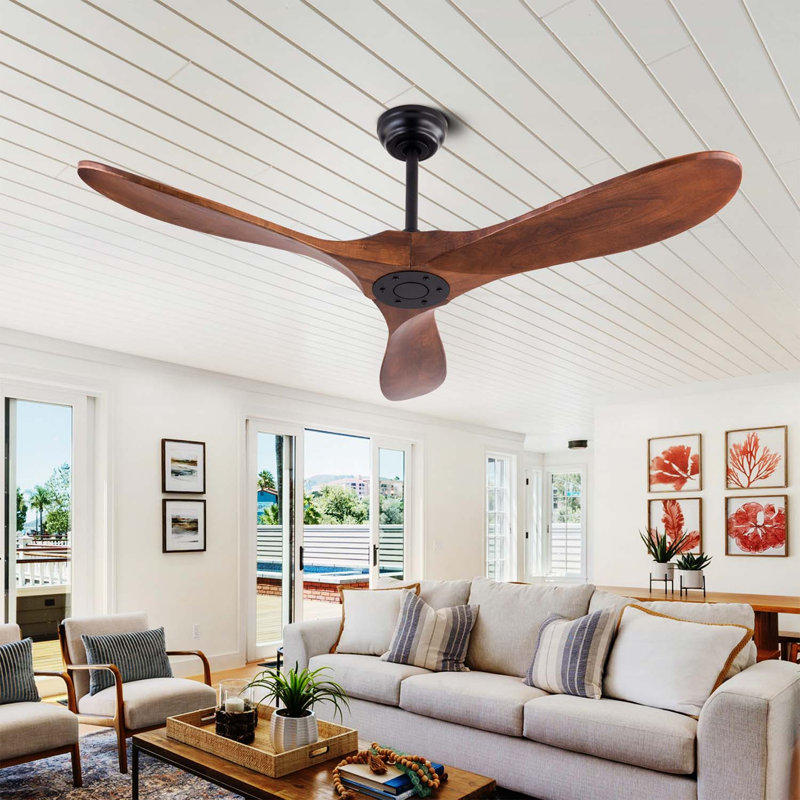 Ventilateur de plafond en bois naturel avec télécommande, 52 po sur 3 pales, moteur CC réversible à 6 vitesses pour une utilisation intérieure et extérieure