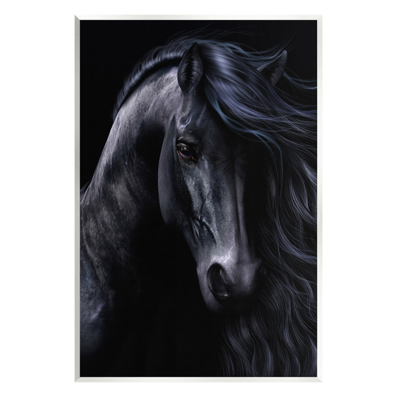 Az-063 - Portrait d'étalon noir encadré, H 19 po x l 13 po x P 0,5 po