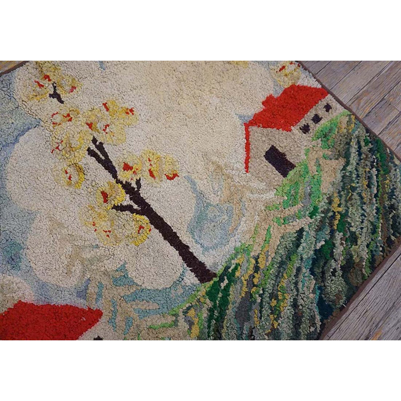 Antique American Scenic Folk Art Farm Cabin Design Hooked Rug