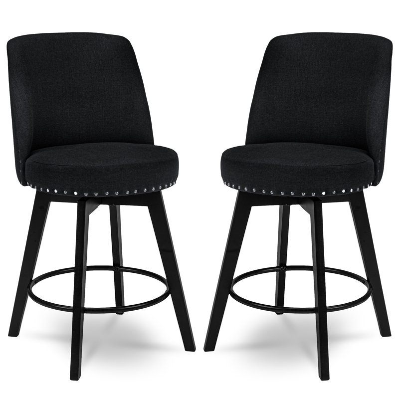 MINCETA Counter Height Bar Stool Set of 2, 26" Swivel Bar Stools with Solid Wood Legs, Farmhouse Upholstered Barstools with Nailhead Trim Design for Kitchen Island, Home Bar, Black