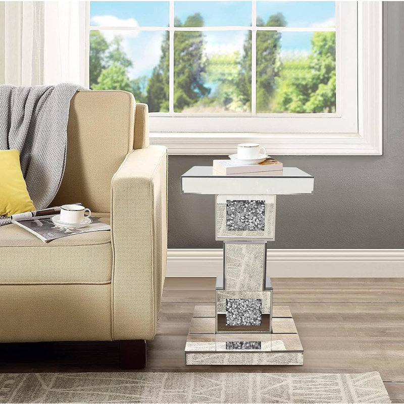 Modern Silver Mirrored End Table With Crystal Inlay, Geometric Design Accent Table For Living Room And Bedroom