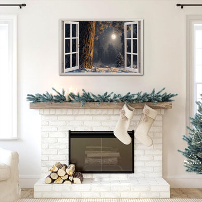 Grande toile d'hiver, art mural, fenêtre, clair de lune, forêt enneigée, reproduction d'art encadrée, affiche, scène d'hiver, décoration murale pour salon, chambre à coucher, bureau, 32 po x 48 po
