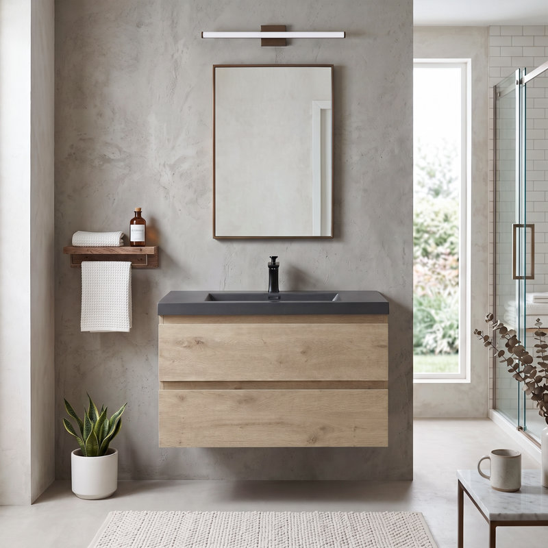 Meuble-lavabo suspendu flottant en mélamine de bois de 91 cm (36 po) avec lavabo intégré en résine et sable de quartz, quincaillerie de qualité supérieure à fermeture en douceur, aménagement de rangement intelligent et spacieux (entièrement assemblé)