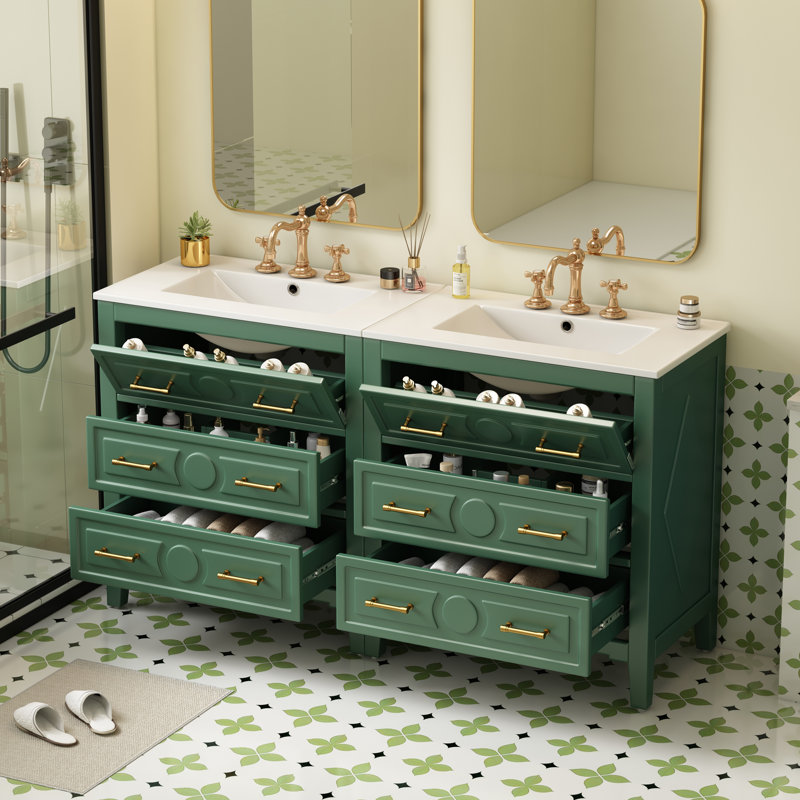  Ensemble de meuble-lavabo autoportant 60 po avec 3 tiroirs, 60 po, vert, Vert