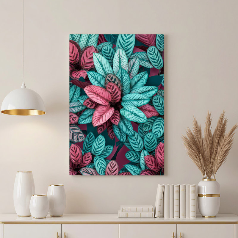 Art mural sur toile rose et bleu sarcelle à motif de feuilles tropicales, H 24 po x l 16 po