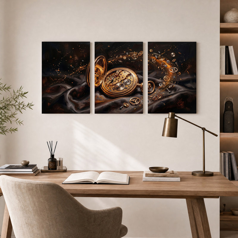 Toile dorée, montre de poche flottante, ensemble de 3 toiles d'art, H 18 po x l 12 po x 3 pièces