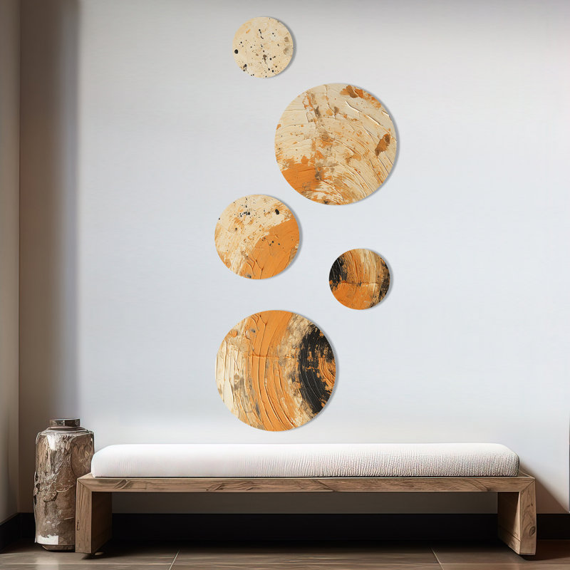 Radiant Revolve, spirale orange moderne - ensemble d'art mural rond en spirales abstraites de 5