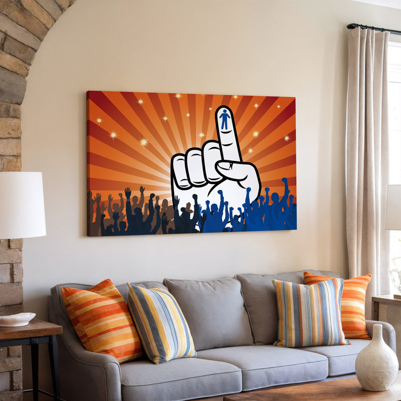 Toile, une illustration stylisée avec un doigt en relief surélevé symbolisant l'art mural votant avec une petite figure bleue