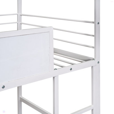 Metal House Bed With Slide, Twin Size Metal Loft Bed With Two-Sided Writable Wooden Board
