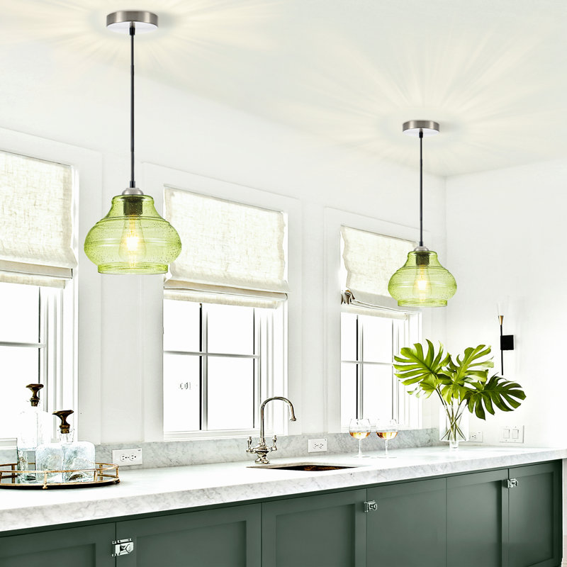 Luminaire suspendu pour îlot de cuisine 1 lumière avec abat-jour en verre grainé 1 lumière, Vert pomme