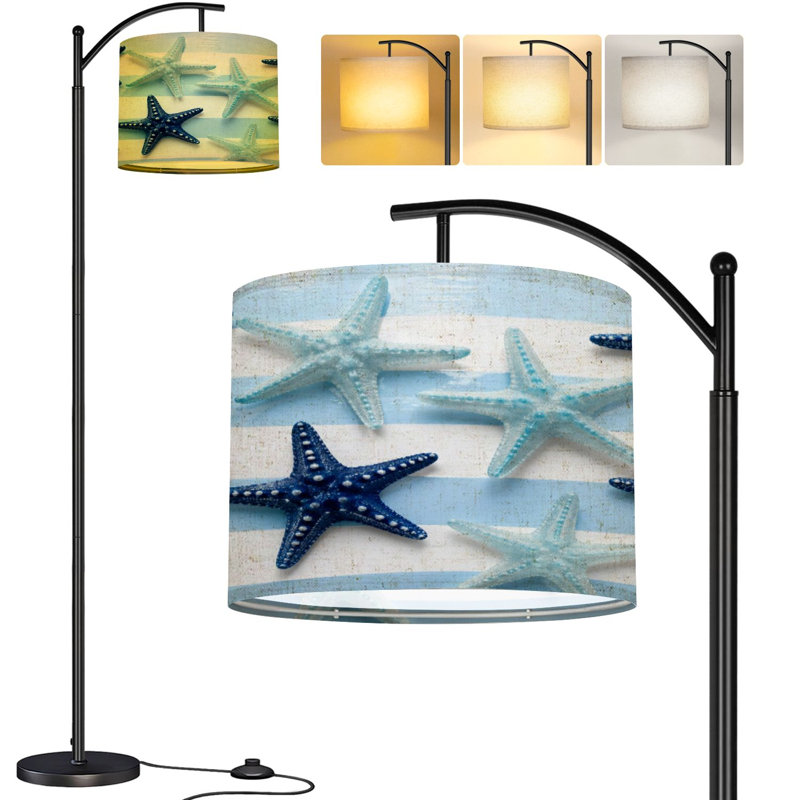  Arc Floor Lamp Coastal starfish repeat Navy blue turquoise striped Seamless Tall Modern Standing Lamp LED Adjustable Linen Lampshade 3 Color Temperatures