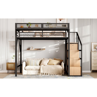 Lit mezzanine simple TG avec escalier de rangement, tablettes et garde-robe intégrée, ports USB et lumières DEL
