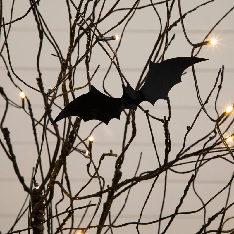 Arbre d'Halloween artificiel pré-éclairé noir avec des chauves-souris et 50 lumières DEL blanc chaud