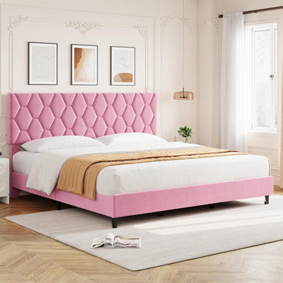 Upholstered Bed Frame, Modern Platform Bedframe with Adjustable Velvet Headboard, No Box Spring Needed