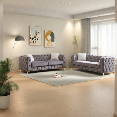 Compression Sofas 3 Plus 3 Set, Grey Velvet Modern Couch For Home