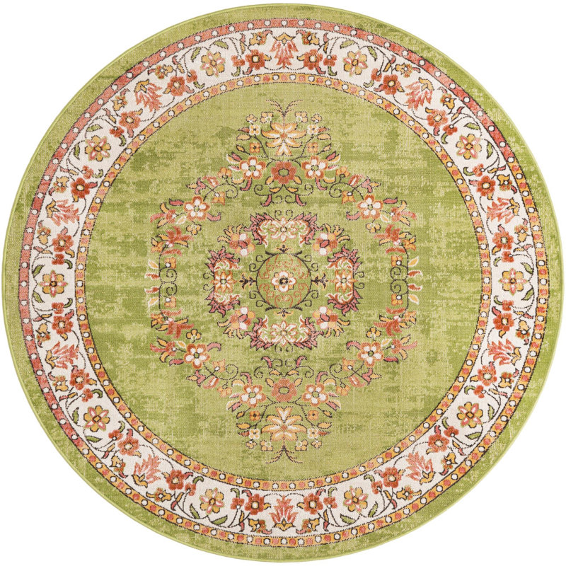 Oriental Green Area Rug, Round 6'1"