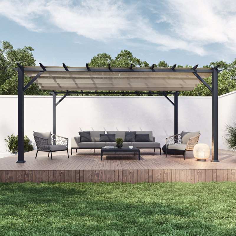 Florence  Aluminum Pergola in Gray Powder-Coated Finish with Adjustable Canopy, Sand, 11 ft. W x 16 ft. D