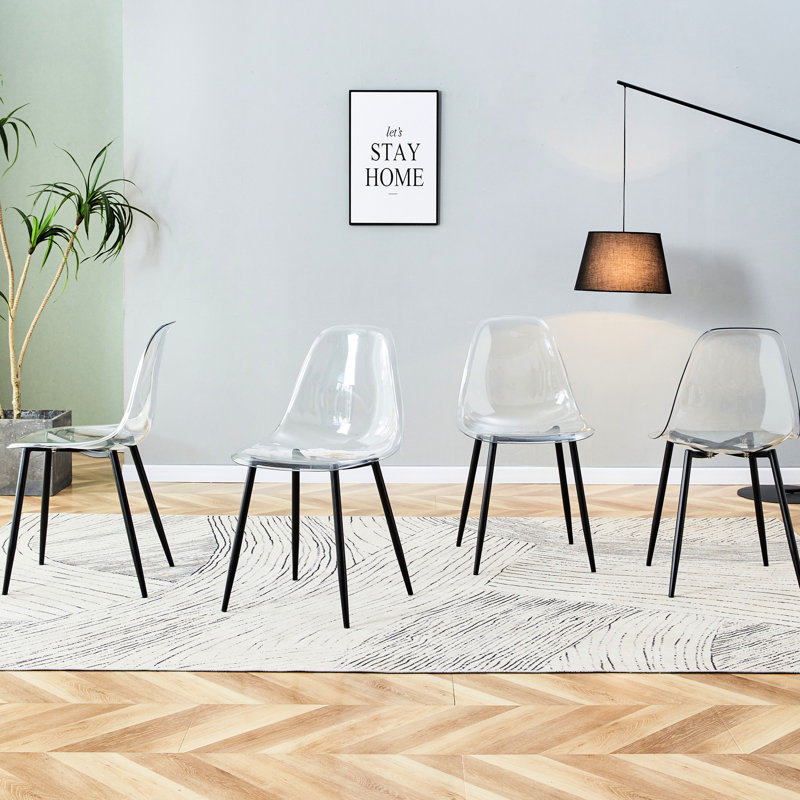 Chaise moderne et élégante transparente, 4 pièces, sans accoudoirs en plastique avec pieds en métal noir, courbe ergonomique, 1200 chaises minimalistes, dossier légèrement incurvé, confort