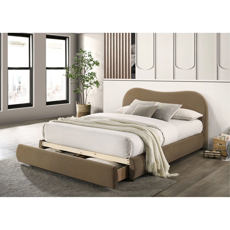 Grand lit avec tête de lit courbée en velours brun, style contemporain, rangement, rangement en bois massif et bois d'ingénierie, cadre de lit