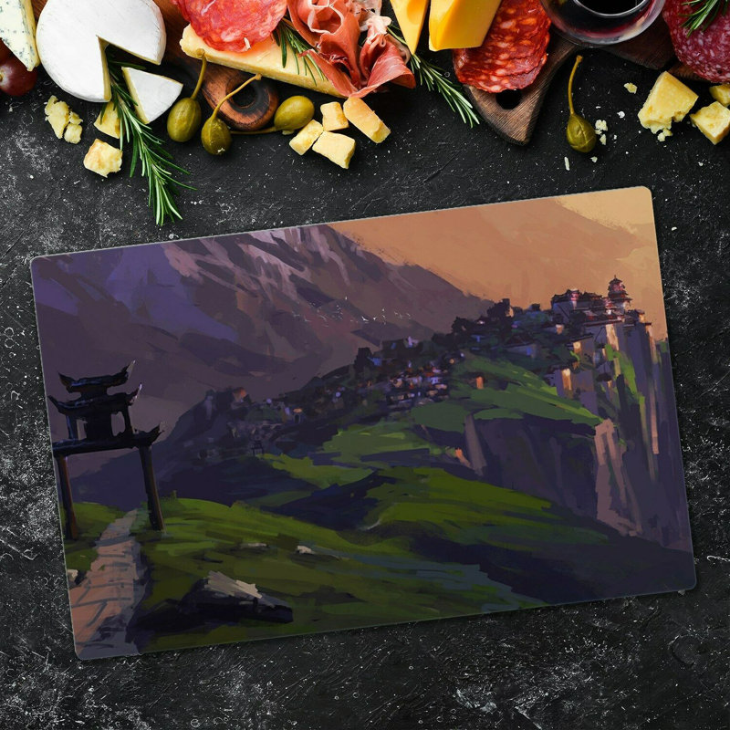 Lovanna Tempered Glass Mountains City on the Hill Sunset Chopping Board, 52cm x 60cm
