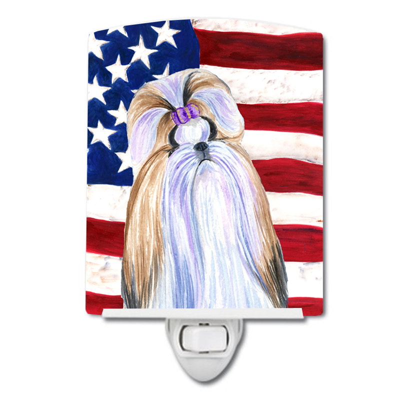 USA American Flag with Fox Terrier Ceramic Night Light, Beige Shih Tzu