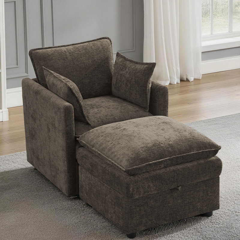 Upholstered Accent Chair + Storage Ottoman Set – 2-Piece with Hidden Compartments, Brown