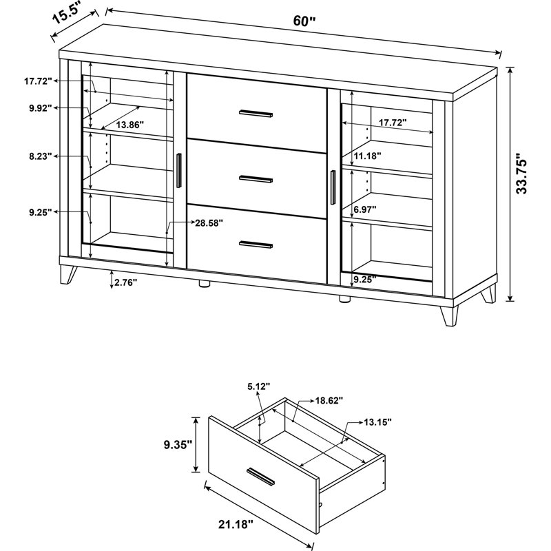 Meuble audio-vidéo Cappuccino 3, avec deux armoires, quatre tablettes réglables en hauteur et un centre de finition à tiroir lisse, glissière euro réglable