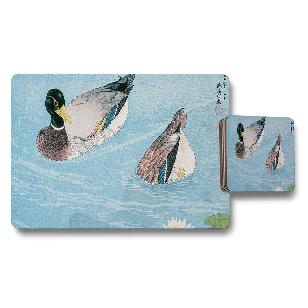 Ducks Placemats And Coasters Set With Blue Water Artwork