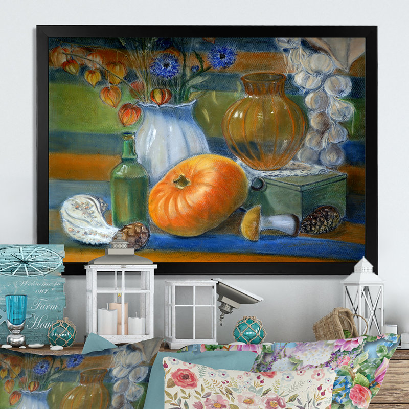 Nature morte avec citrouille et vase - reproduction sur toile avec cadre flottant, H 8 po x l 12 po x P 1 po, Cadre noir