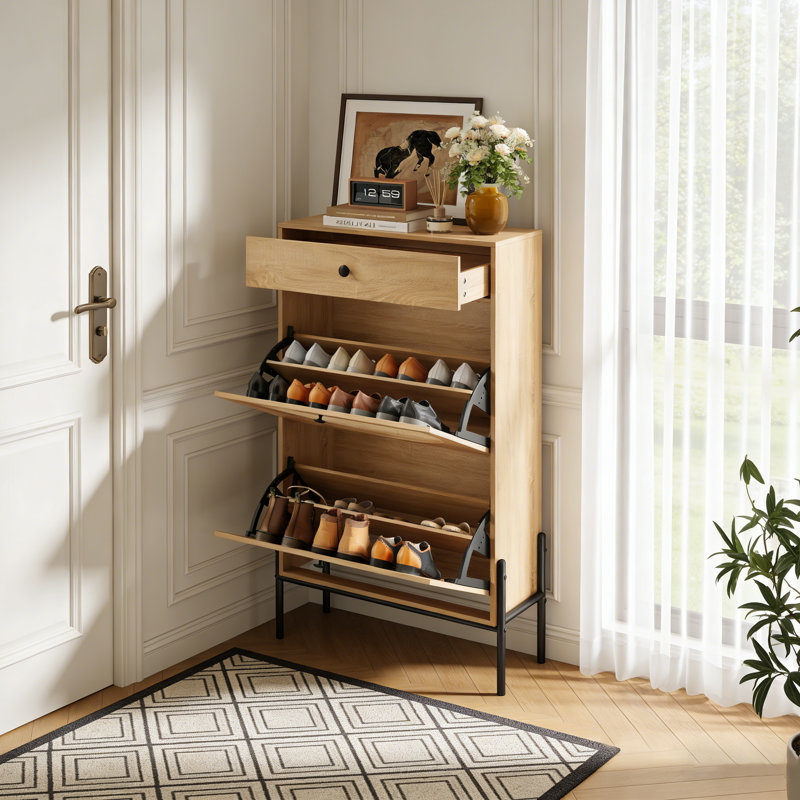 2-Door Shoe Cabinet with Drawer and Adjustable Shelf