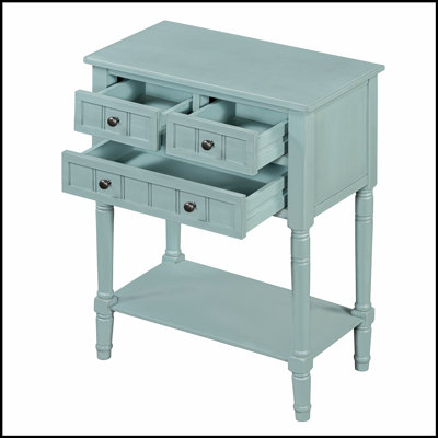 Narrow Console Table, Slim Sofa Table with Three Storage Drawers and Bottom Shelf in Light Blue