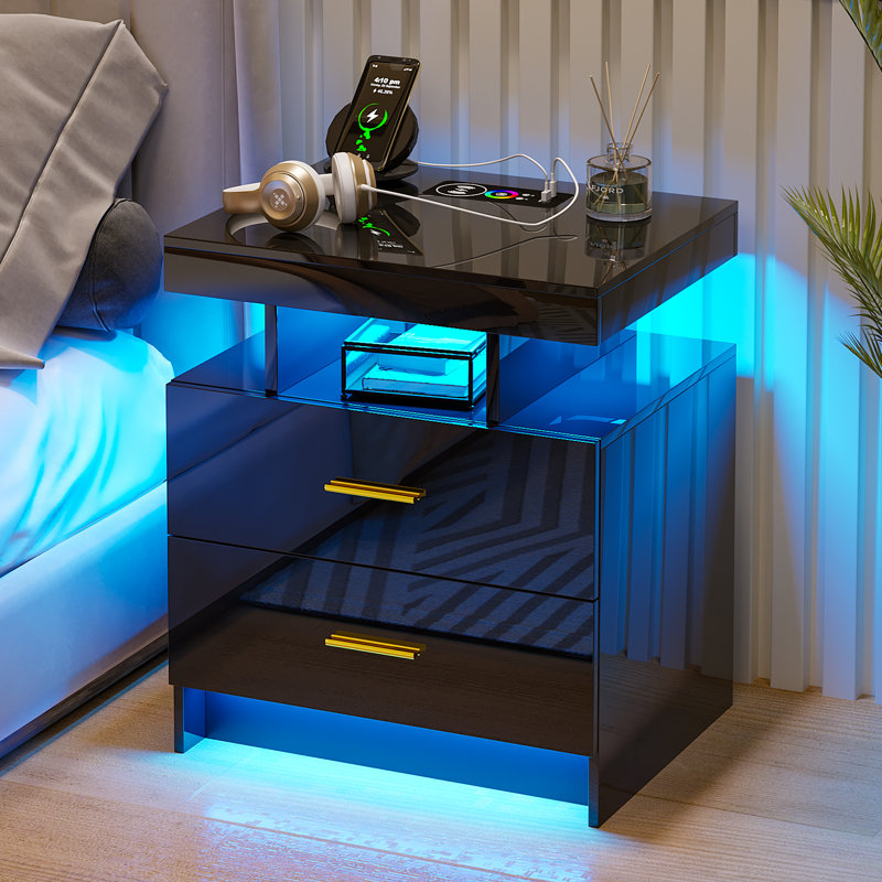 Embert MDF LED Nightstand with Large Open Storage, Black