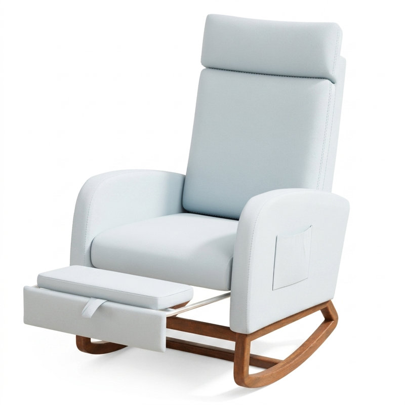 Chaise berçante en bois massif avec repose-pieds, chaise de chambre de bébé rembourrée avec dossier haut et poche latérale