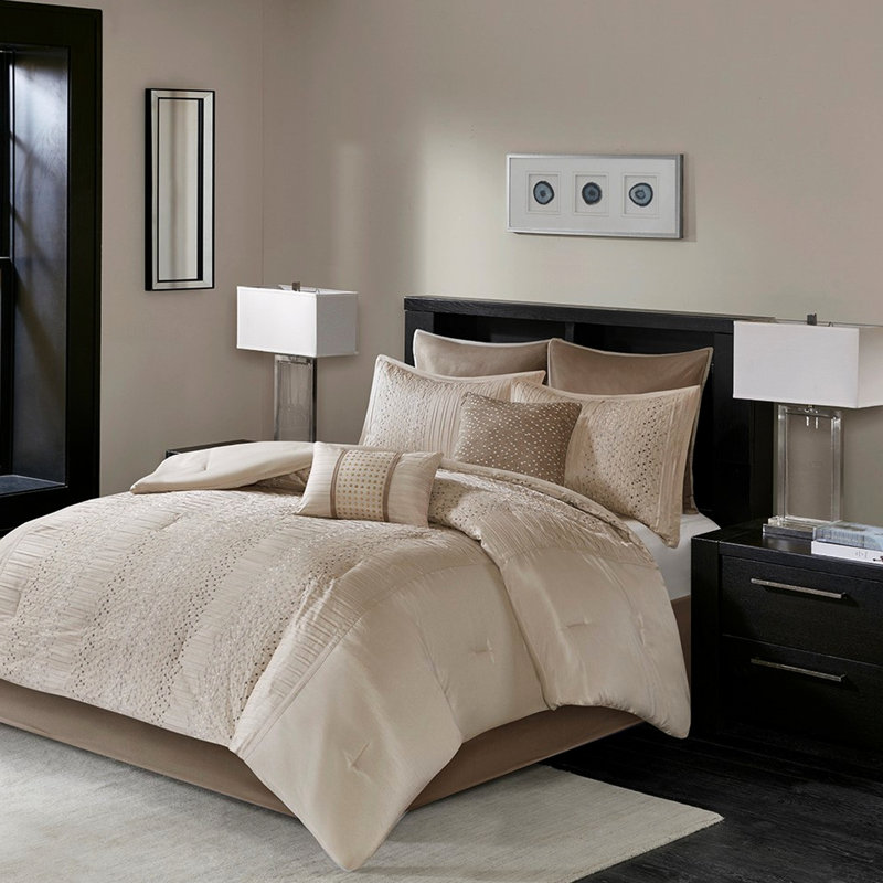 8 édredon grand - fausse soie, brodé, 8 pièces de soie, beige