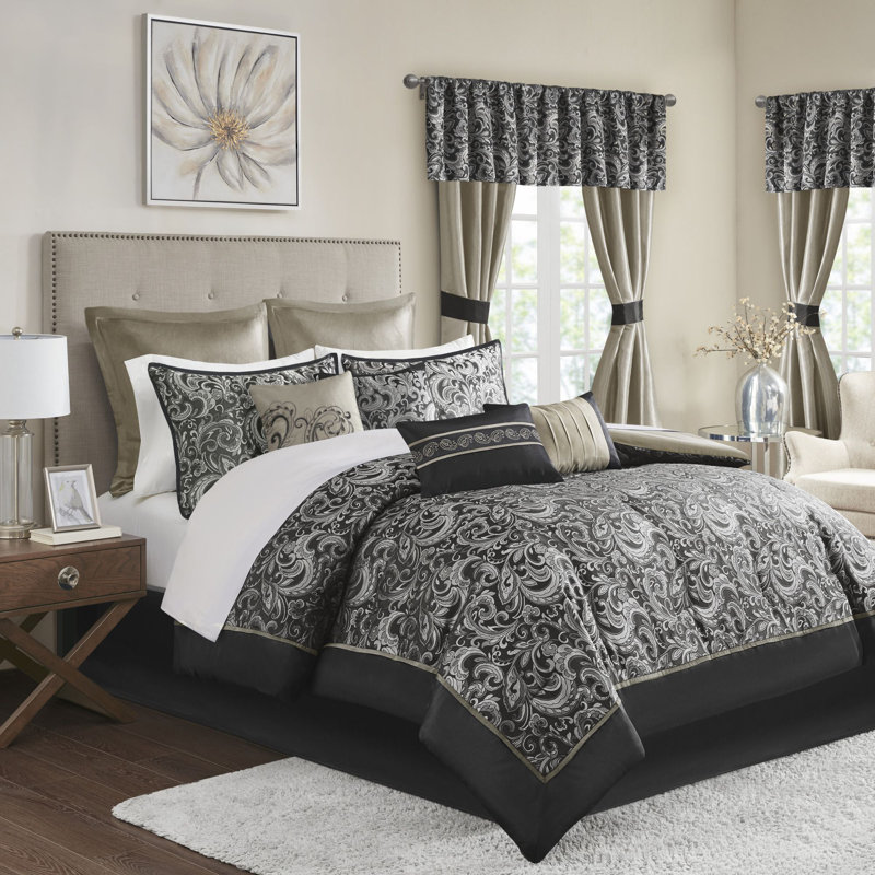 Ensemble de literie de luxe 24 pièces Brystol, Édredon très grand californien + 23 pièces supp, Noir