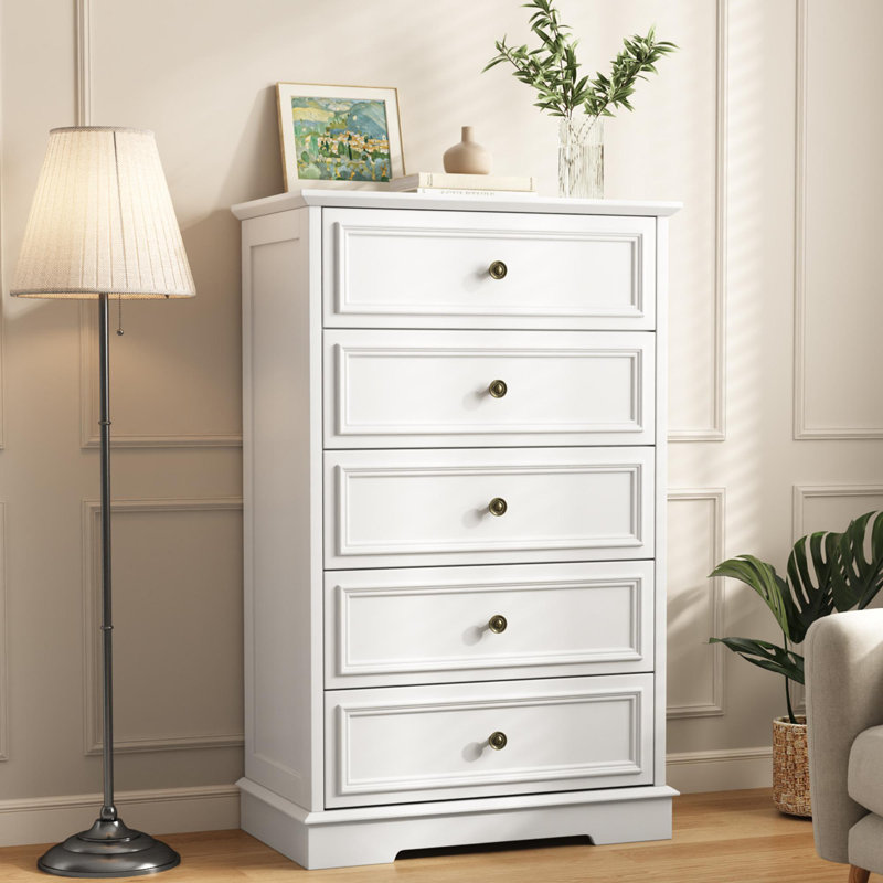 Valera 27.5'' W Vintage 5-Drawer  Dresser with Bronze-Colored Handles, White