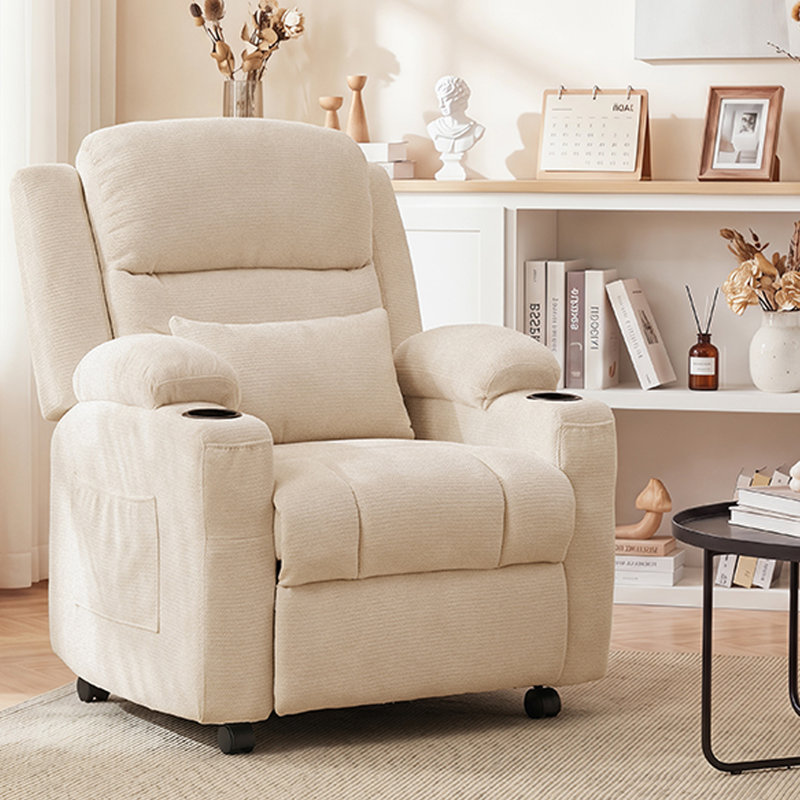 Fauteuil inclinable électrique moderne en tissu de chenille rembourré avec massage, siège pivotant à 360 degrés avec porte-gobelet