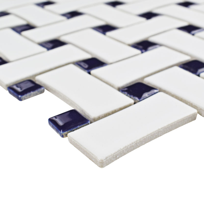 Metro Basket Weave Dog Bone Porcelain Mosaic Wall & Floor Tile, White and Cobalt