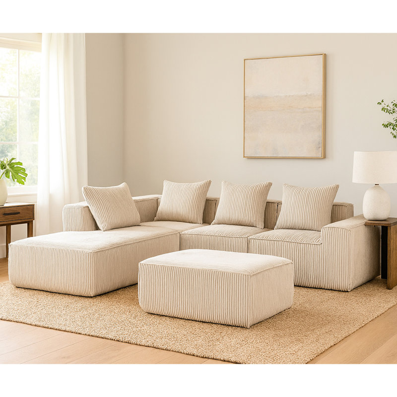 Compresseur modulaire à 5 places en velours côtelé, sans assemblage, siège moelleux, rembourrage en éponge haute densité, pour la vie principale avec velours côtelé beige, modulaire, pièce