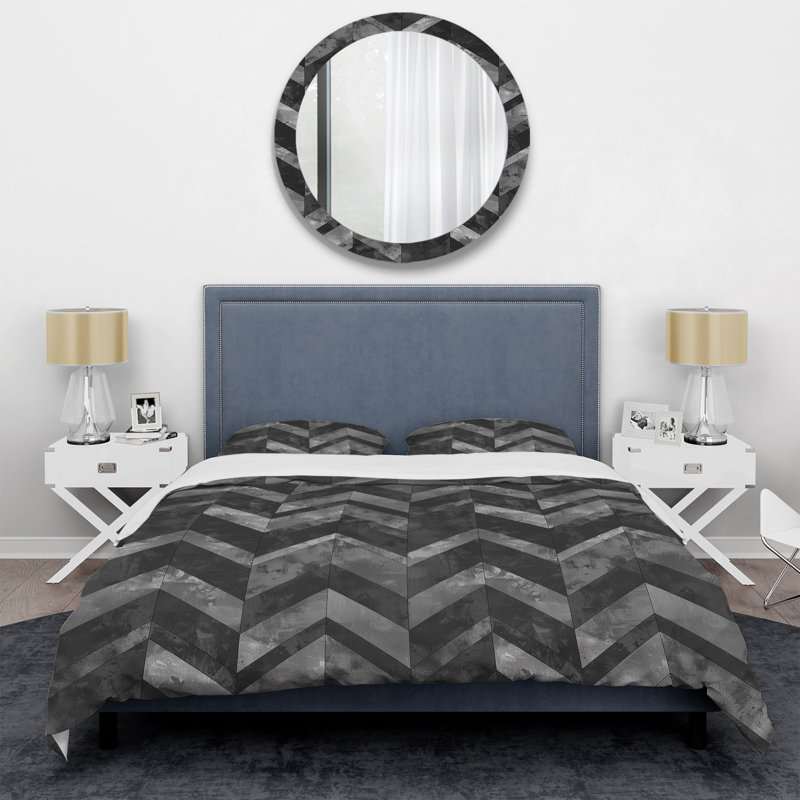 Ensemble de housse de couette moderne à chevrons gris et noir IV, Housse de couette pour grand lit et 2 taies décor