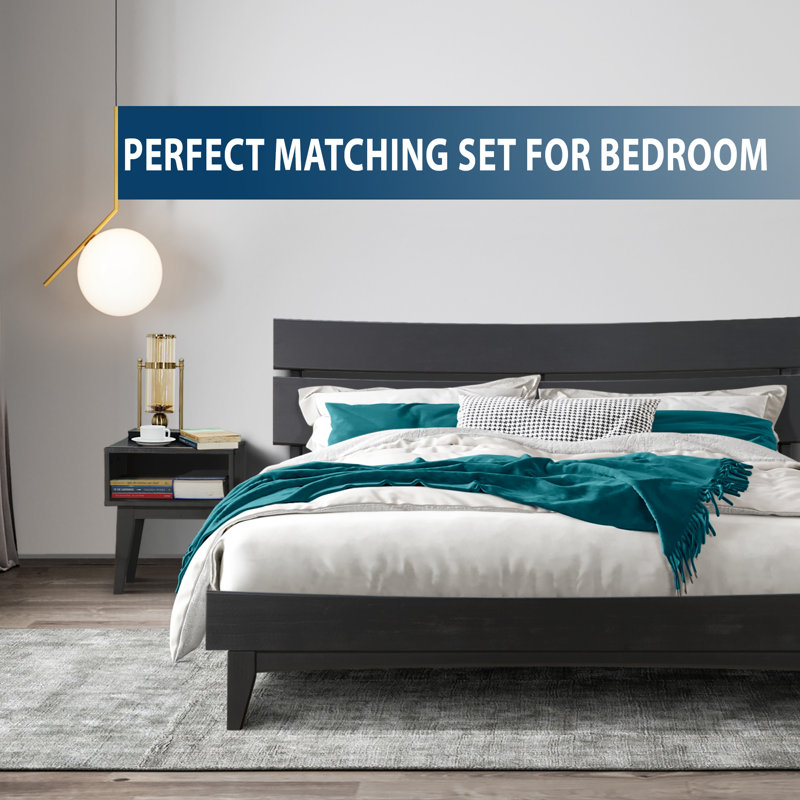 2-Pcs Bedroom Set – Solid Wood Queen Platform Bed Frame & Matching Nightstand, Mid-Century Modern, Black Ristretto Finish, 800 lbs Capacity, No Box Spring Needed
