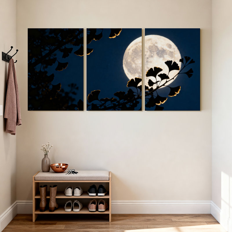 Lune et feuilles de ginkgo, reproduction d'art sur toile, impression de paysage de ciel nocturne (ensemble de 3)