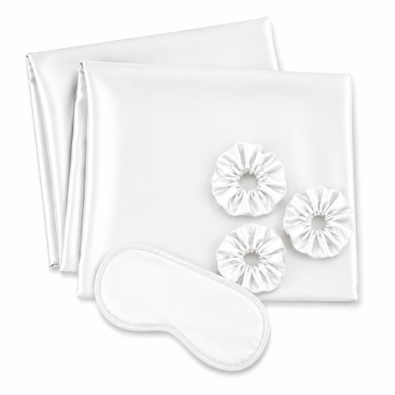 Ensemble 6 pièces de taies d'oreiller et accessoires de literie en satin de soie soyeux, Blanc