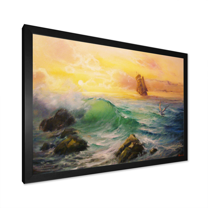 Coucher de soleil sur un bateau colonial, Impression noire sur toile encadrée, H 8 po x l 12 po x P 0,1 po